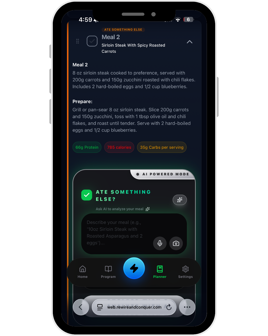 AI Meal Suggester — meal recommendation with macros in the Rewire & Conquer app