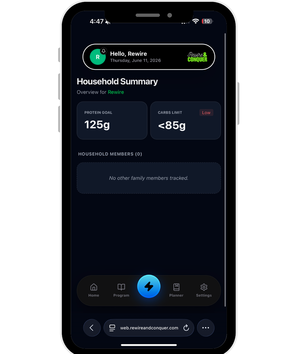 Weekly Meal Planning view in the Rewire & Conquer app